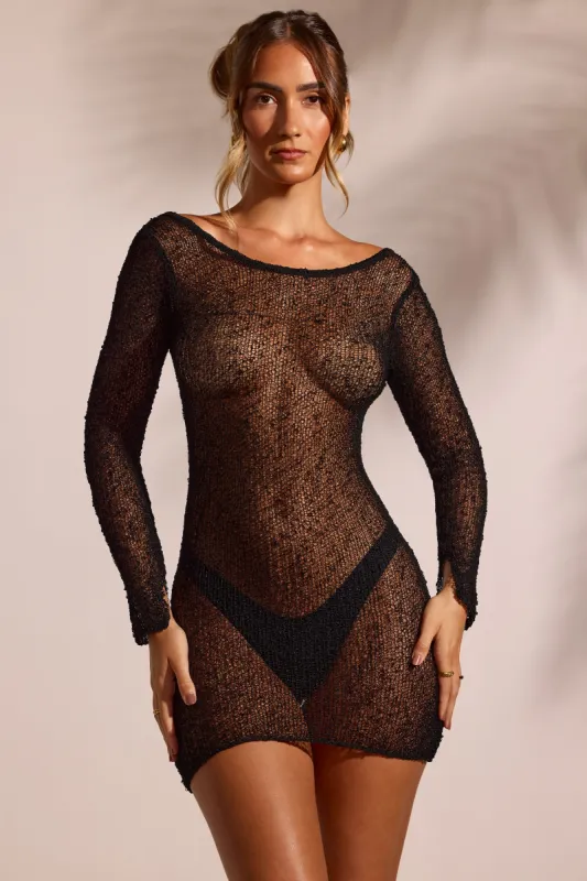 Crochet Knit Beach Mini Dress in Black sold by Oh Polly