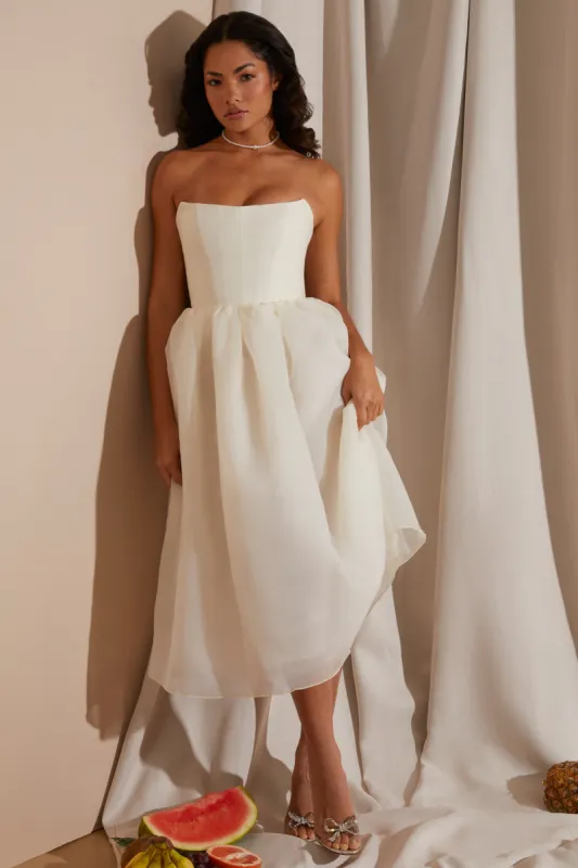 Strapless Corset Tulle Midi Dress in White sold by Oh Polly