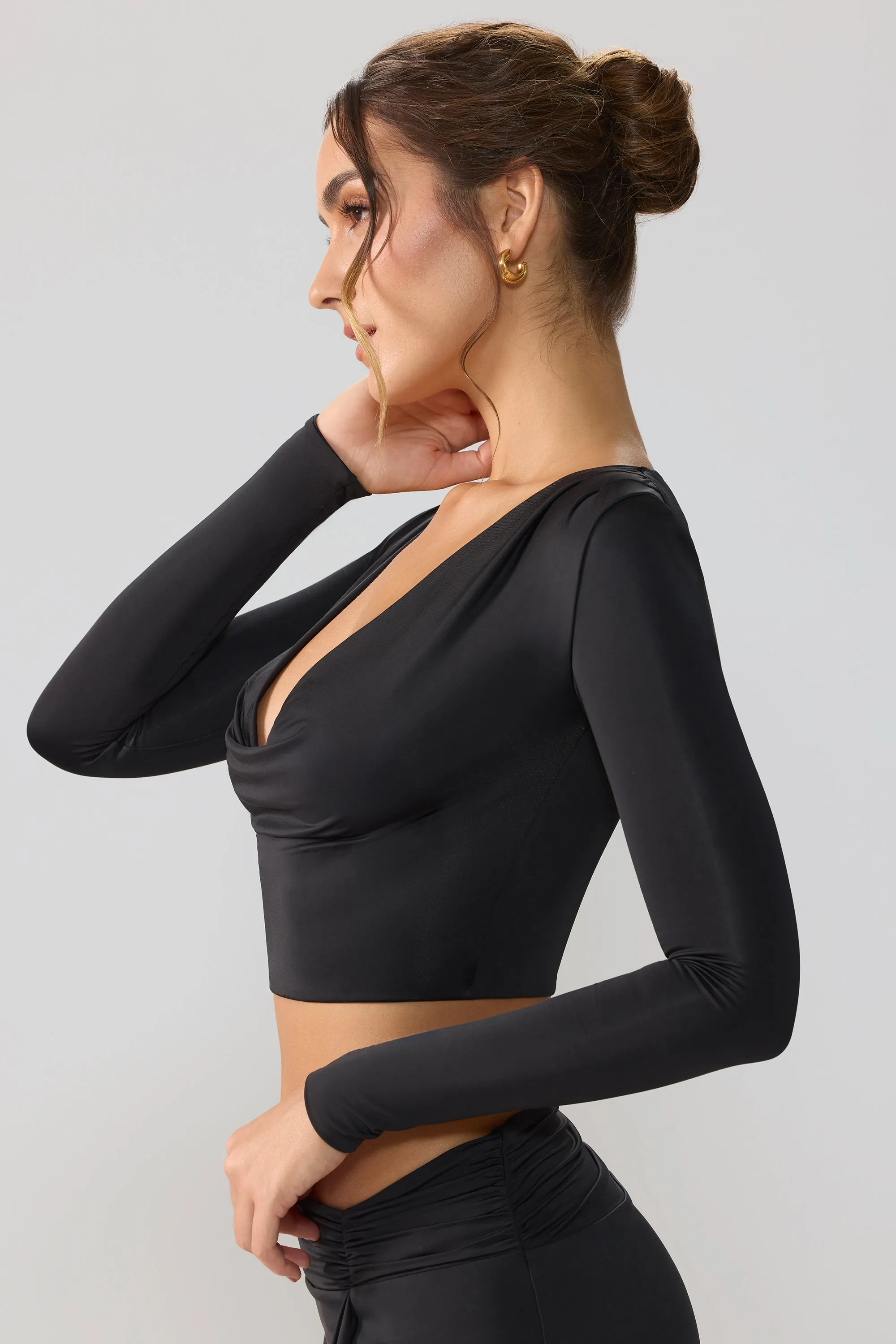 Slinky Jersey Plunge Neck Long Sleeve Crop Top Top in Black sold by Oh Polly product image thumbnail 3