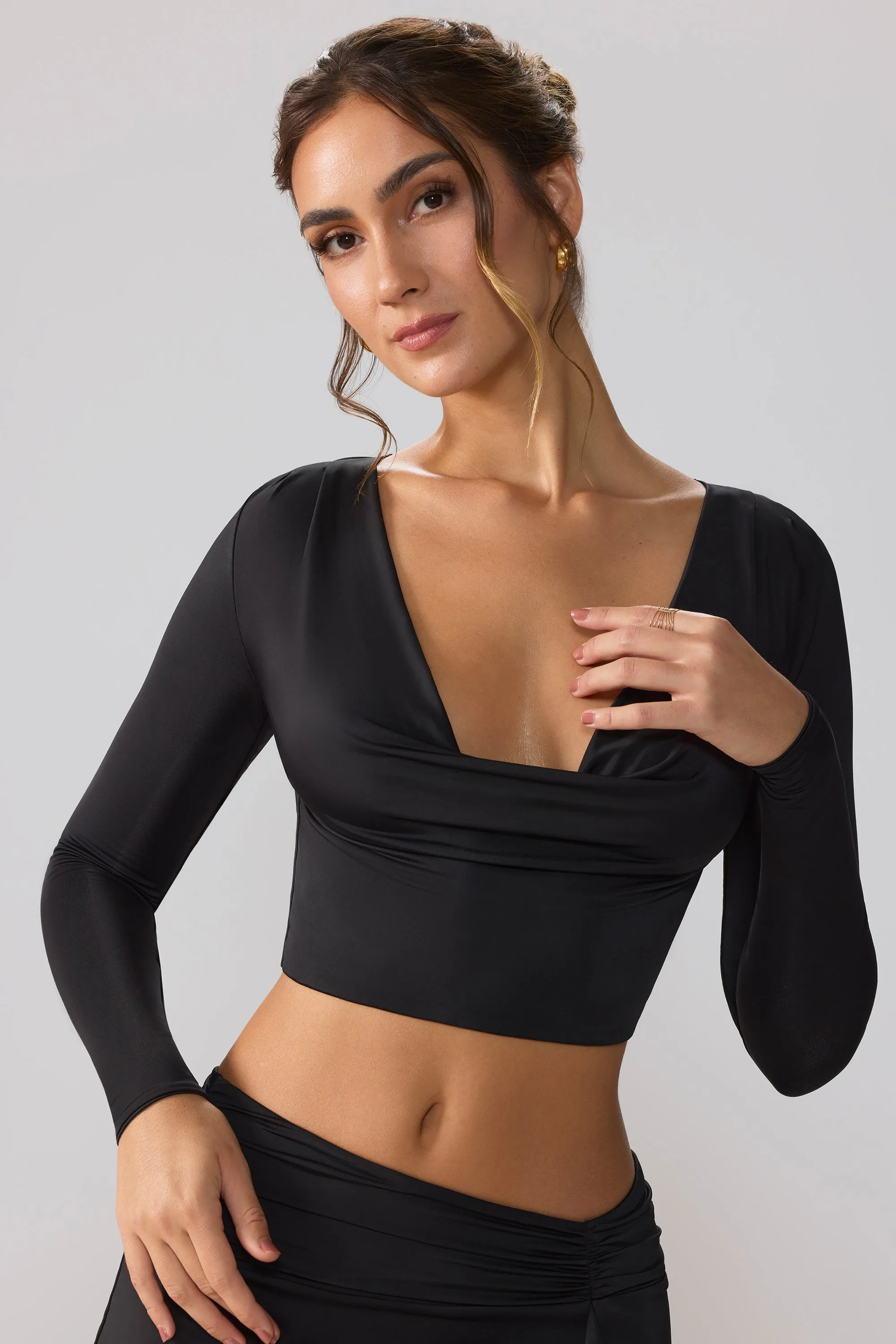 Slinky Jersey Plunge Neck Long Sleeve Crop Top Top in Black sold by Oh Polly