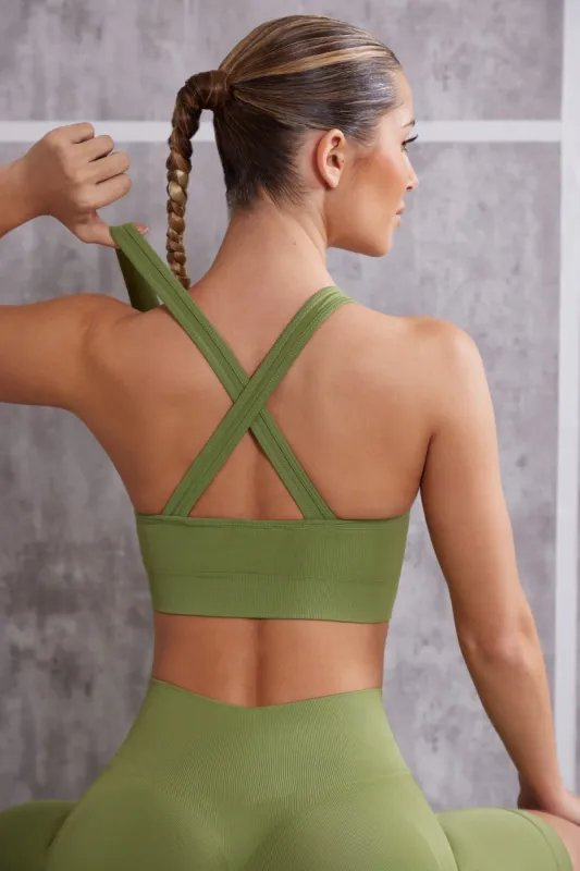 Plunge Neck Sports Bra in Olive sold by Oh Polly