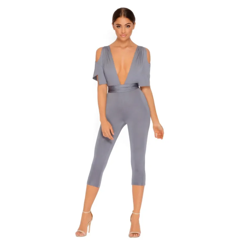 Take The Plunge Cold Shoulder Cropped Jumpsuit in Sharkskin Grey sold by Oh Polly