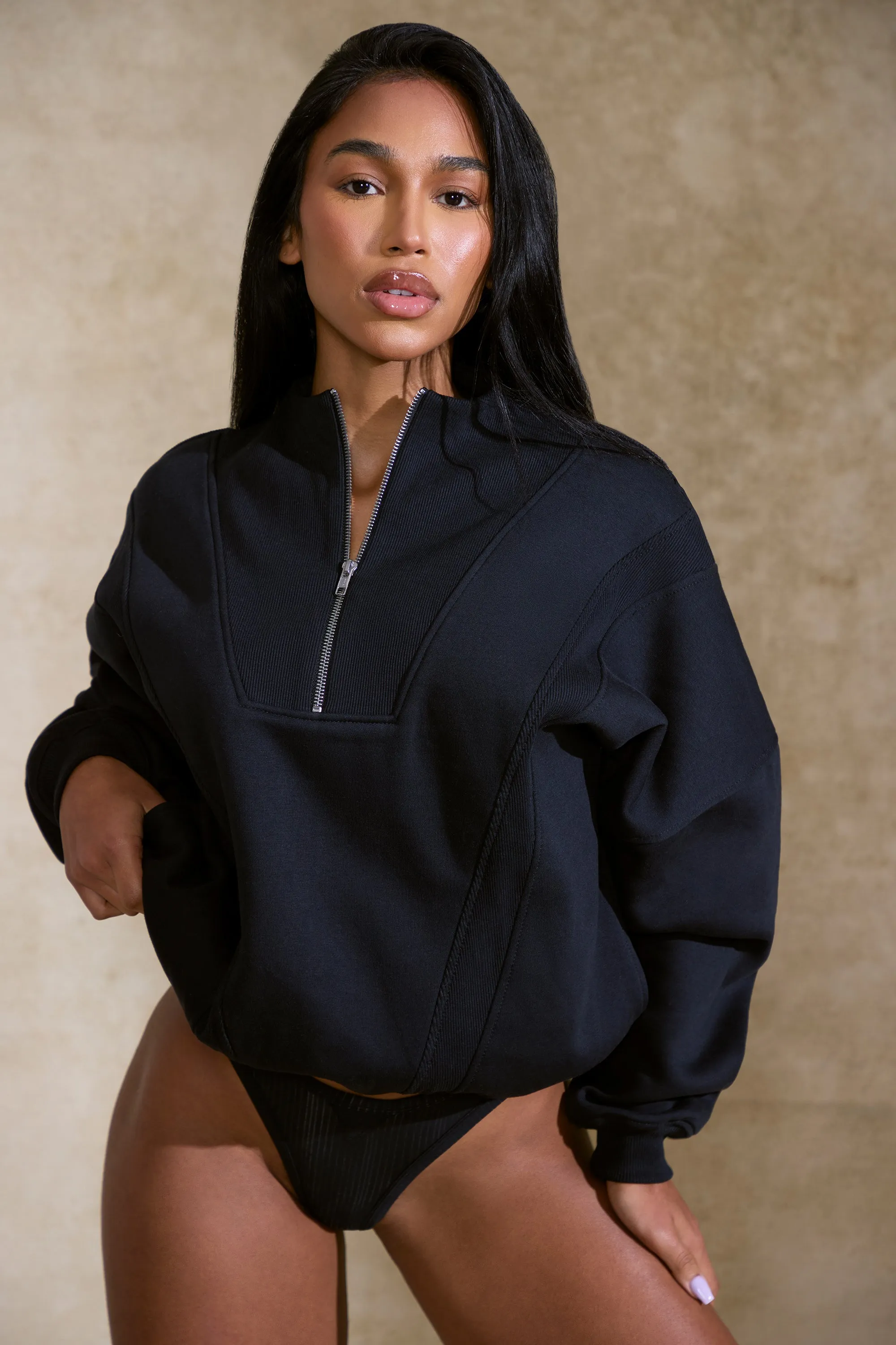 Oversized Half Zip Sweatshirt in Black sold by Oh Polly