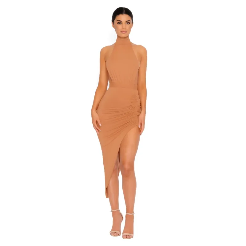 Eyes On The Thighs Halter Neck Asymmetric Midi Dress in Caramel sold by Oh Polly