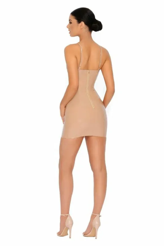 Better Latex Than Never Vinyl Mini Dress in Caramel made by Oh Polly