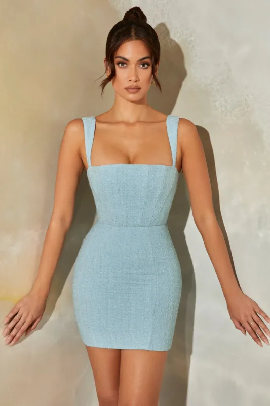 Tweed Square Neck Corset Mini Dress in Light Blue sold by Oh Polly