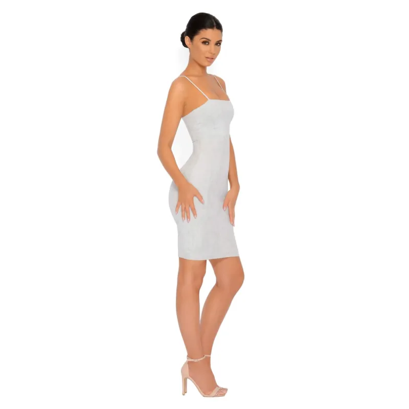 Throwing Suede Strappy Knee Length Dress in Pale Grey sold by Oh Polly