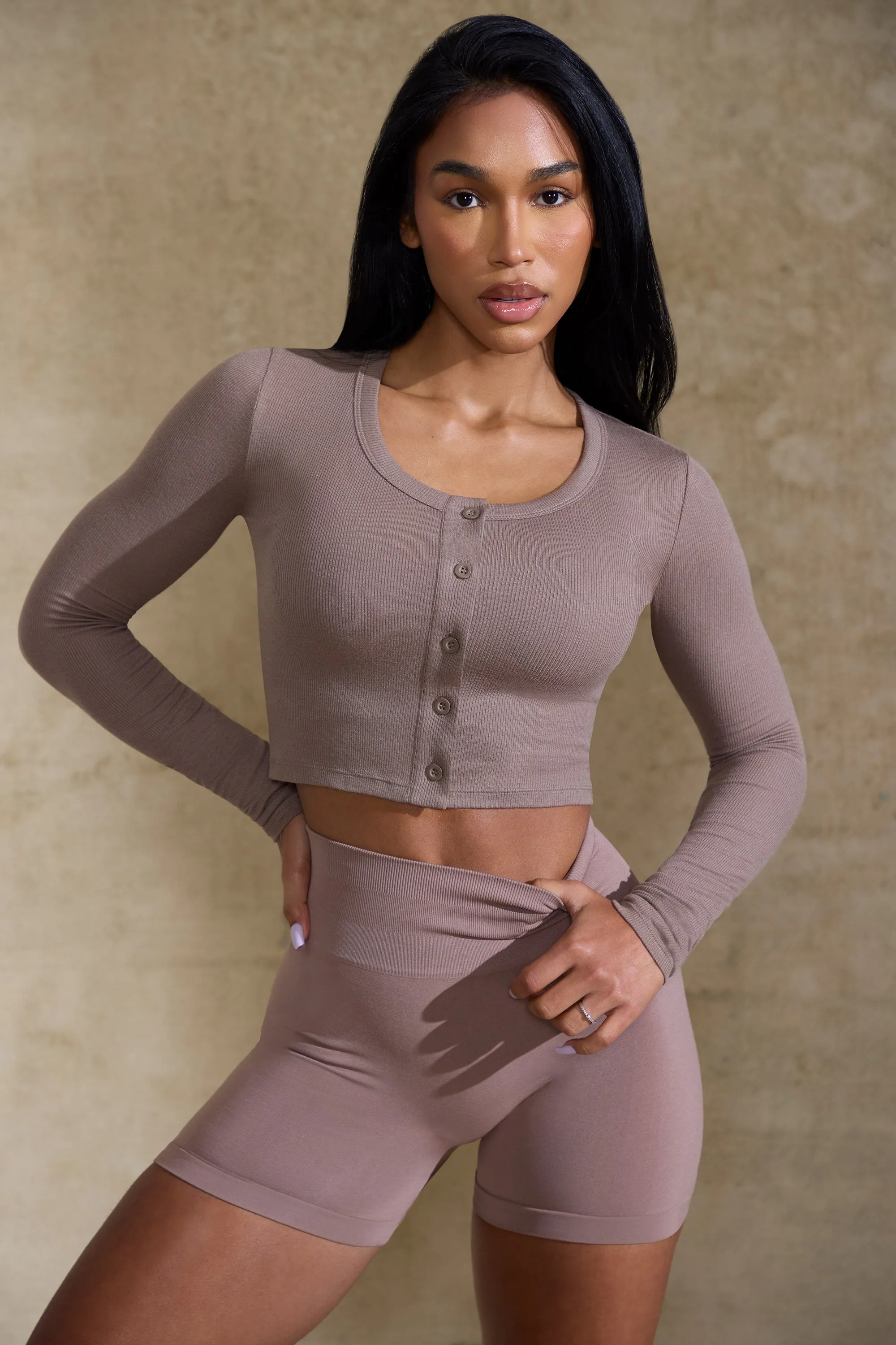 Cropped Rib Cardigan in Mocha sold by Oh Polly product image thumbnail 4