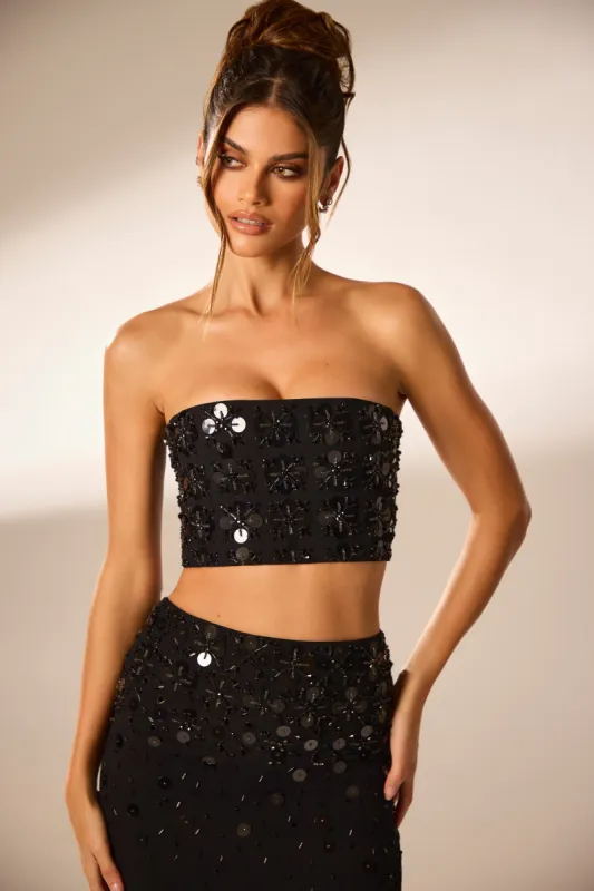 Hand Embellished Bandeau Corset Crop Top in Black sold by Oh Polly