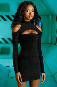 High Neck Cut Out Mini Dress in Black sold by Oh Polly