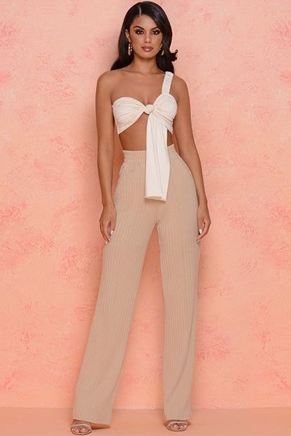 PETITE Go The Distance High Waisted Ribbed Wide Leg Trousers in Coffee sold by Oh Polly