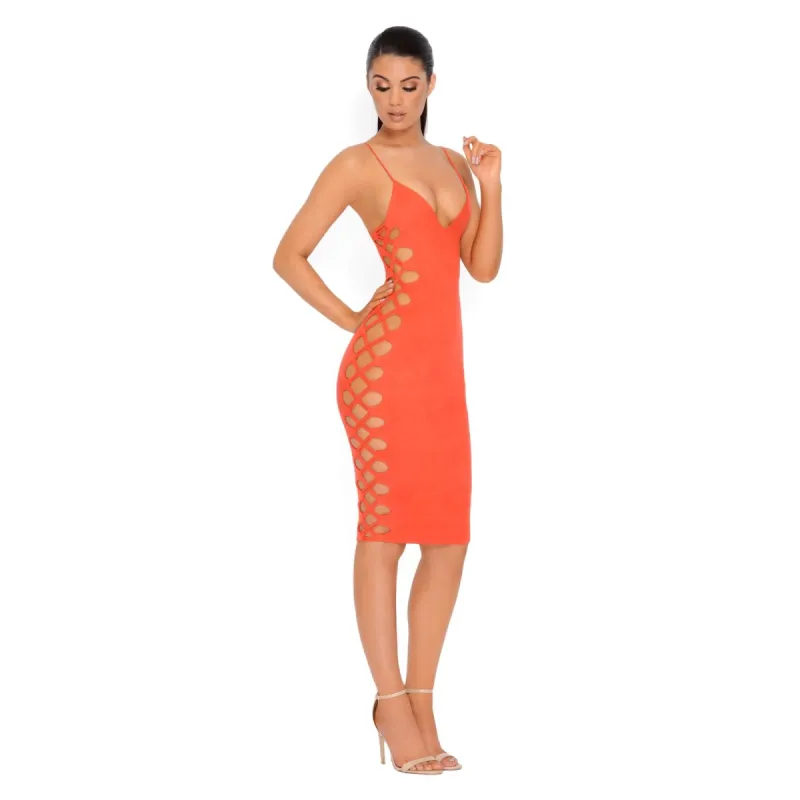 On The Sidelines Suede Cut Out Midi Dress in Orange sold by Oh Polly