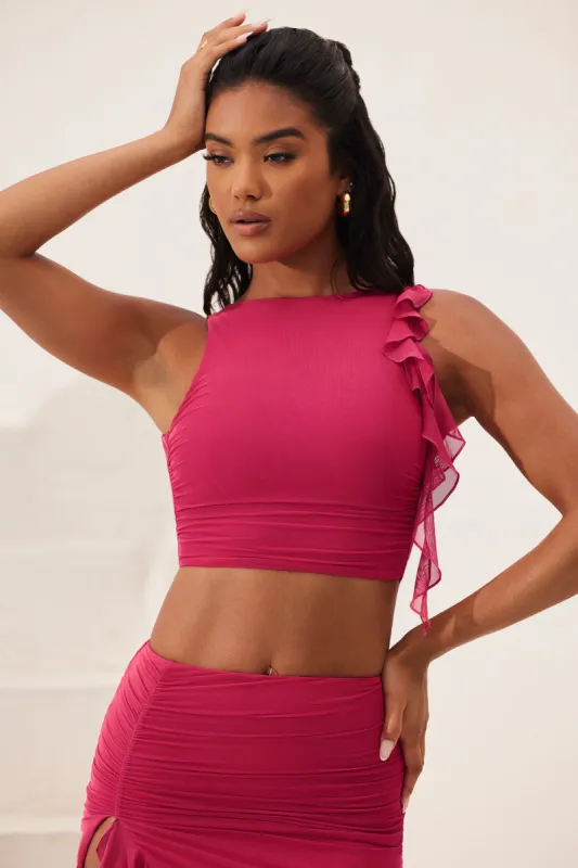 Open Back Ruched Ruffle Crop Top in Fuchsia sold by Oh Polly