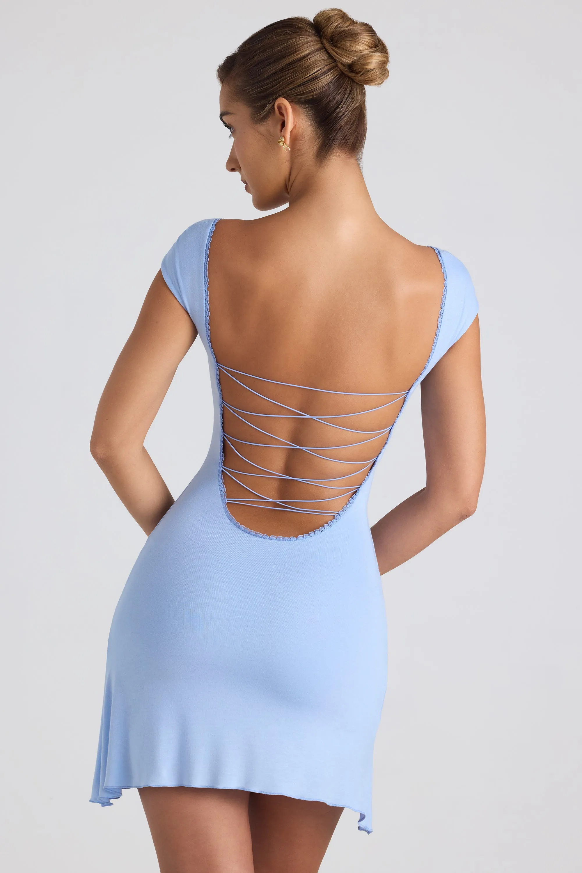 Modal Asymmetric Lace-Up A-Line Mini Dress in Sky Blue sold by Oh Polly product image thumbnail 2