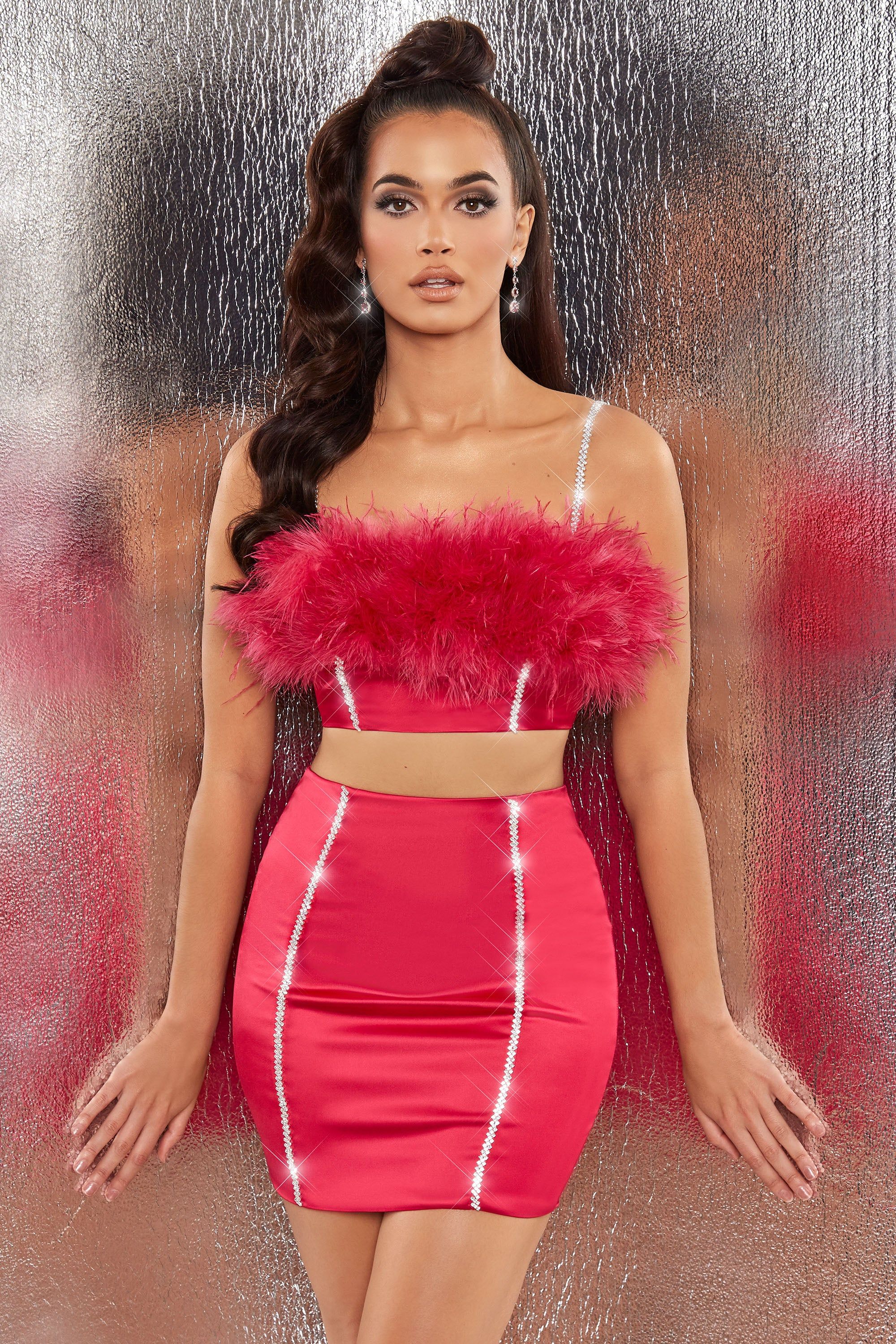 Bring The Party Embellished Satin Feather Crop Top in Hot Pink sold by Oh Polly product image thumbnail 3