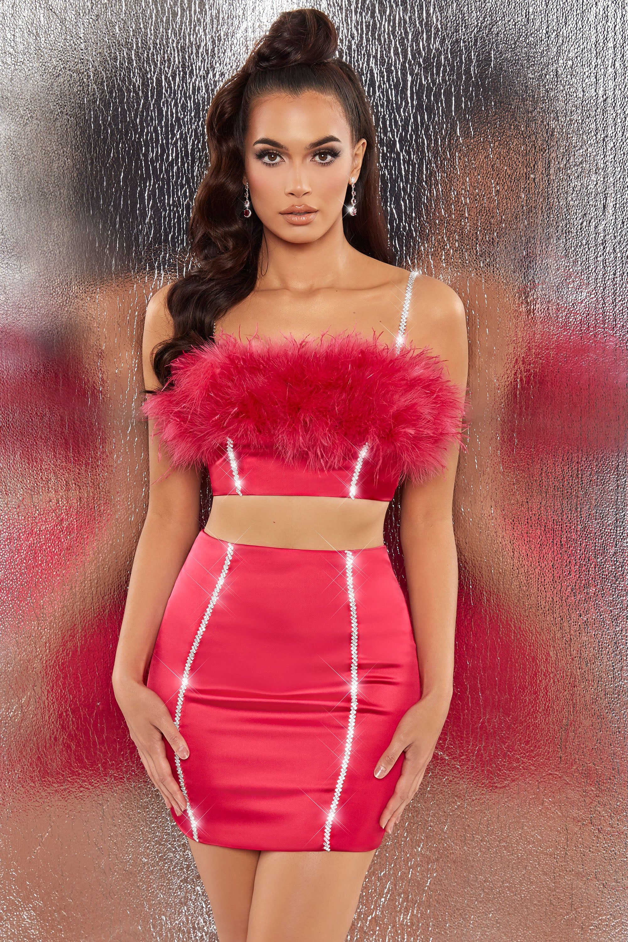 Bring The Party Embellished Satin Feather Crop Top in Hot Pink sold by Oh Polly product image thumbnail 4