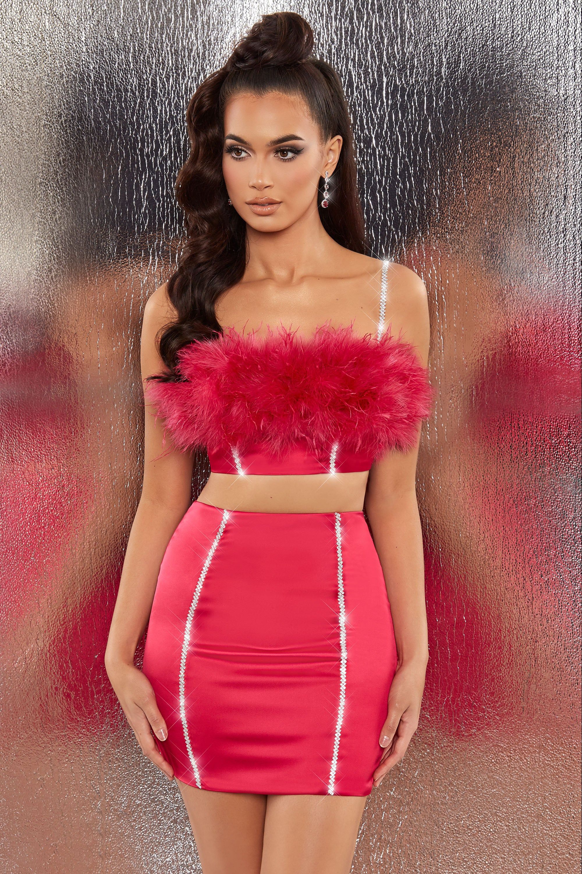 Bring The Party Embellished Satin Feather Crop Top in Hot Pink sold by Oh Polly