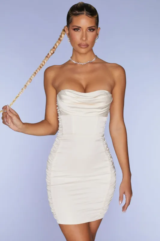 Strapless Satin Mini Dress in Ivory made by Oh Polly