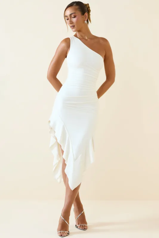 Asymmetric Ruched One-Shoulder Midaxi Dress in Vanilla sold by Oh Polly