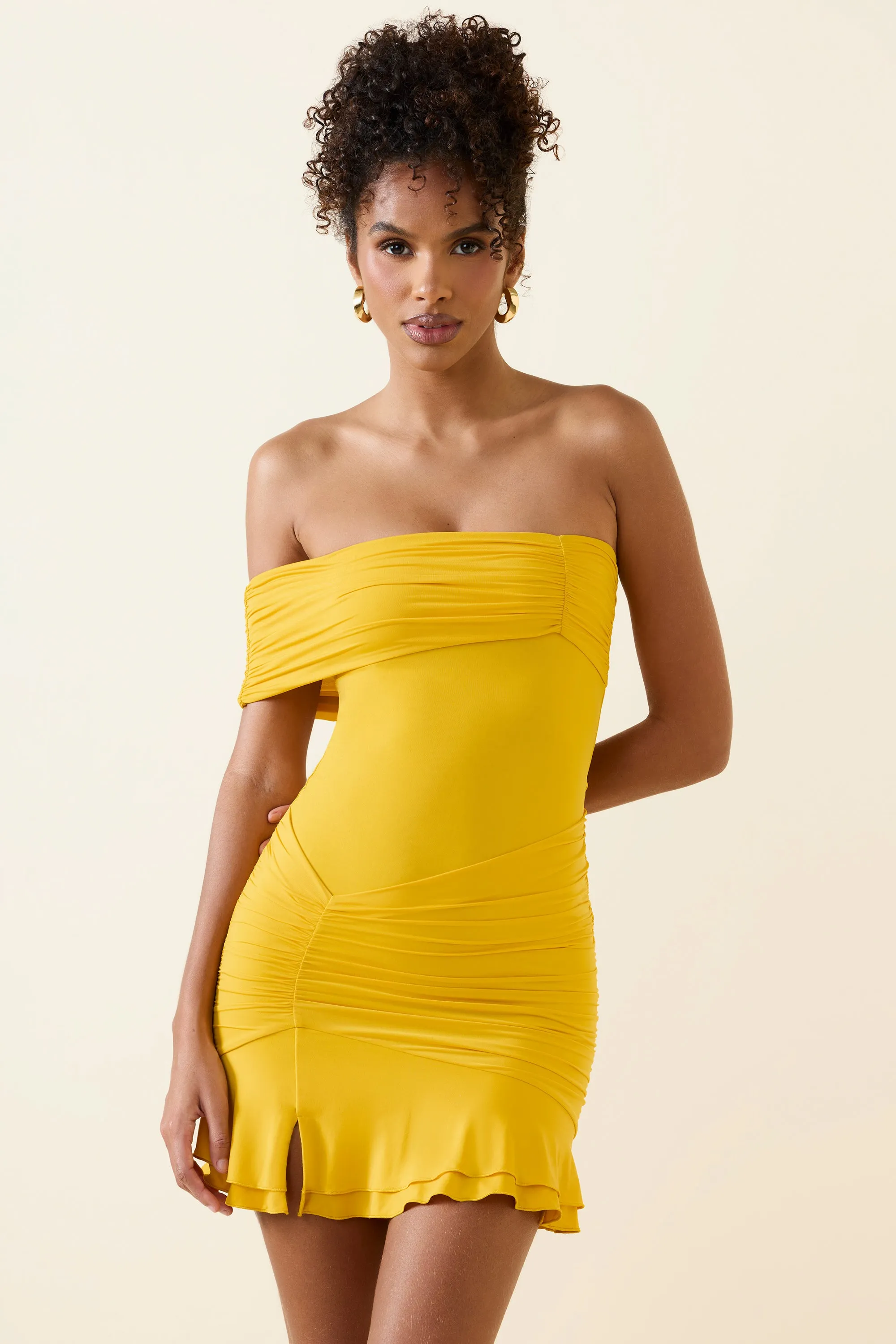 Asymmetric Ruched One-Shoulder Mini Dress in Golden Yellow sold by Oh Polly product image thumbnail 5