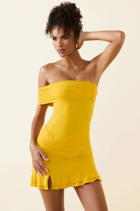 Asymmetric Ruched One-Shoulder Mini Dress in Golden Yellow sold by Oh Polly
