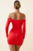 Off-Shoulder Ruched Bodycon Mini Dress in Scarlet sold by Oh Polly