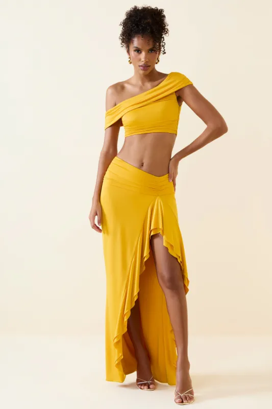 Asymmetric Ruffled Low-Rise Maxi Skirt in Golden Yellow sold by Oh Polly