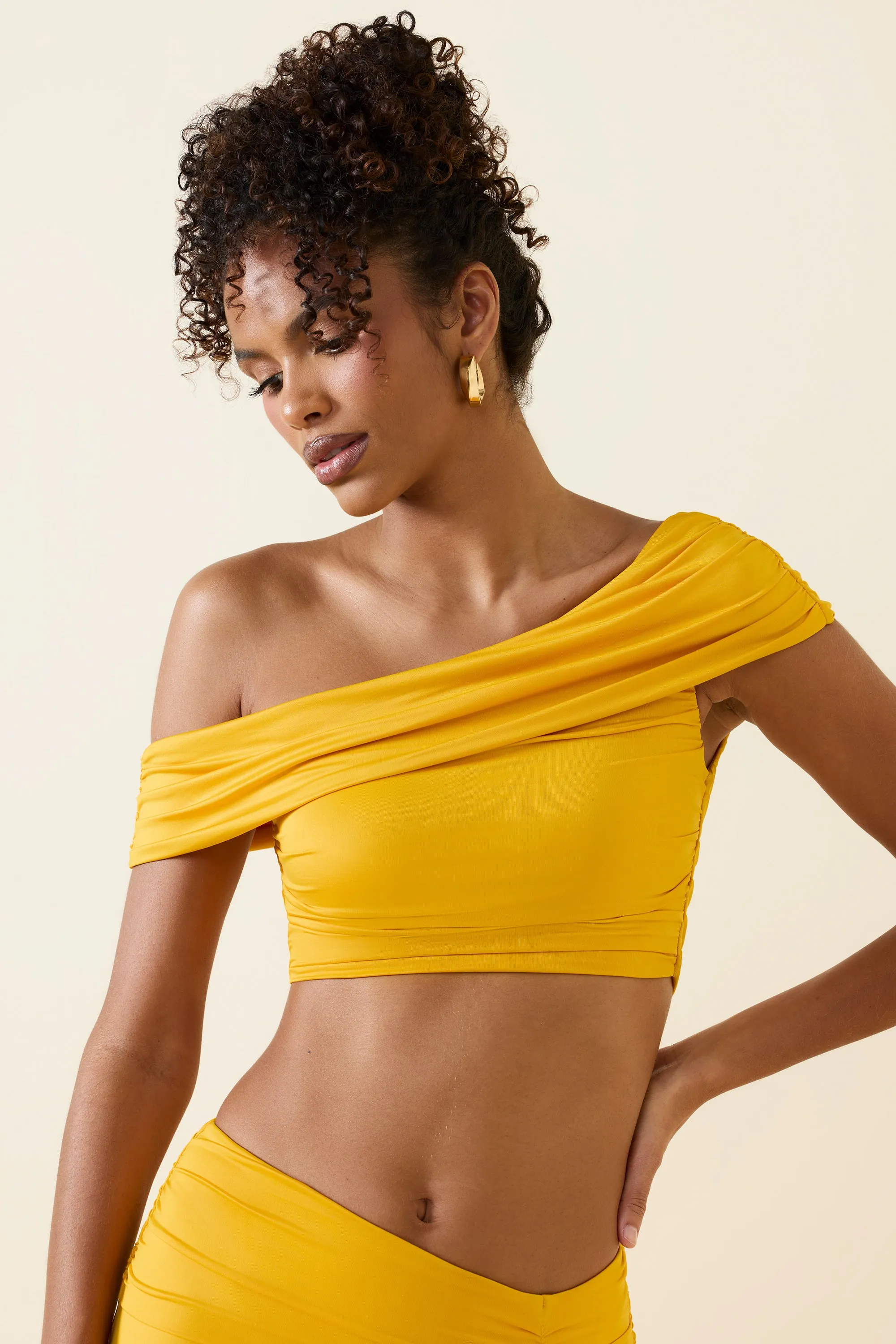 Asymmetric Ruched Off-Shoulder Crop Top in Golden Yellow sold by Oh Polly product image thumbnail 4
