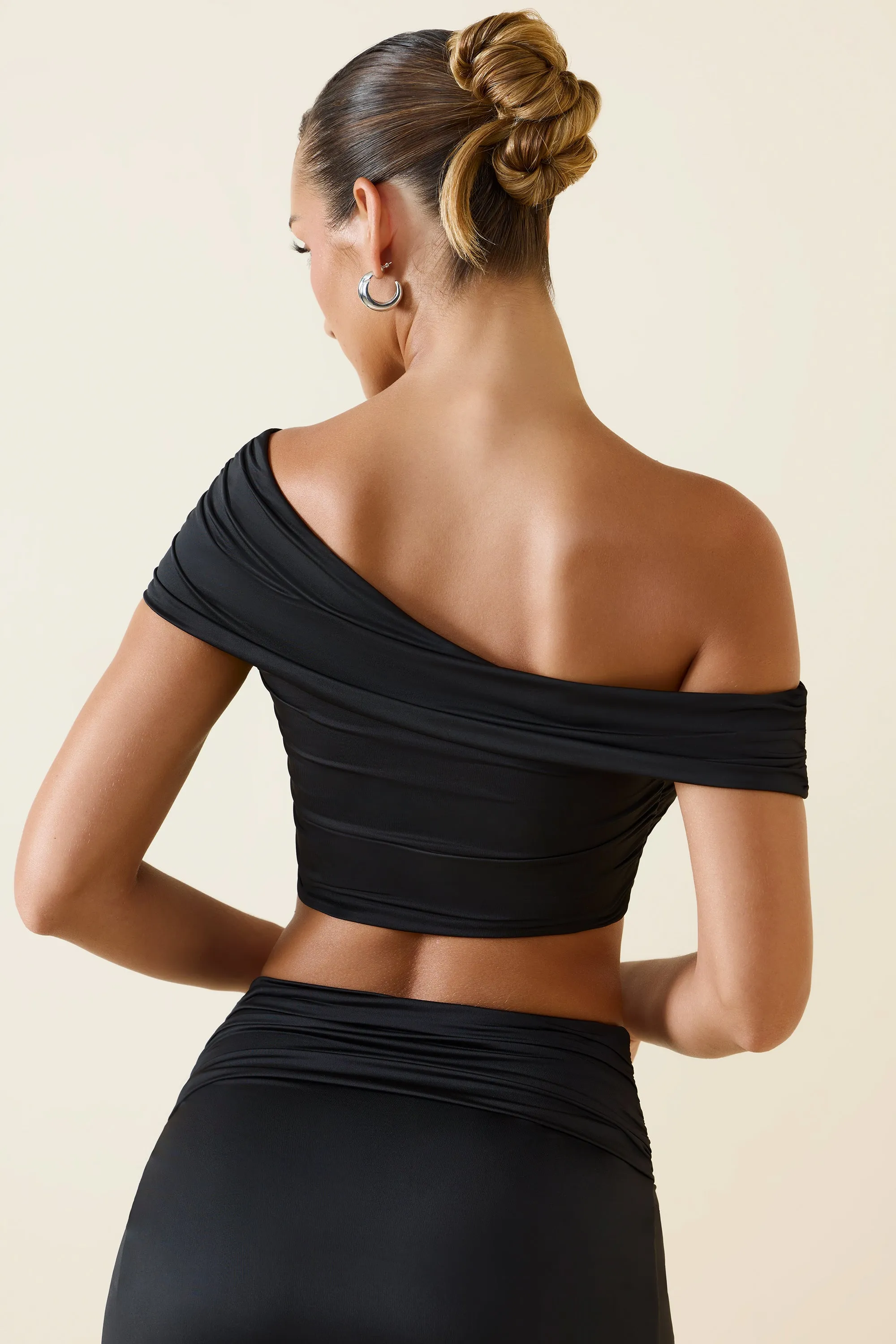 Asymmetric Ruched Off-Shoulder Crop Top in Black sold by Oh Polly product image thumbnail 2
