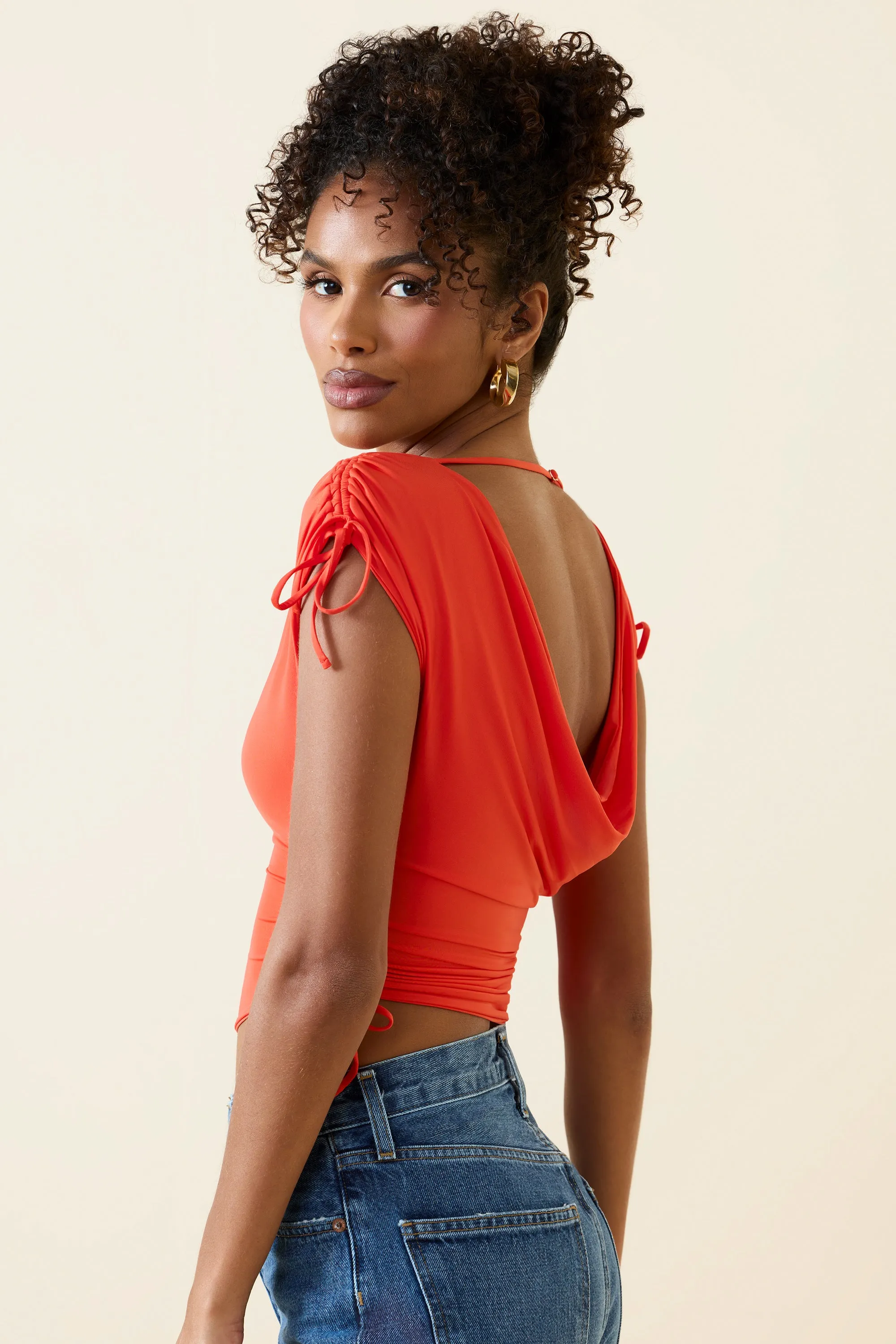 Asymmetric Ruched Cowl-Back Crop Top in Scarlet sold by Oh Polly product image thumbnail 3