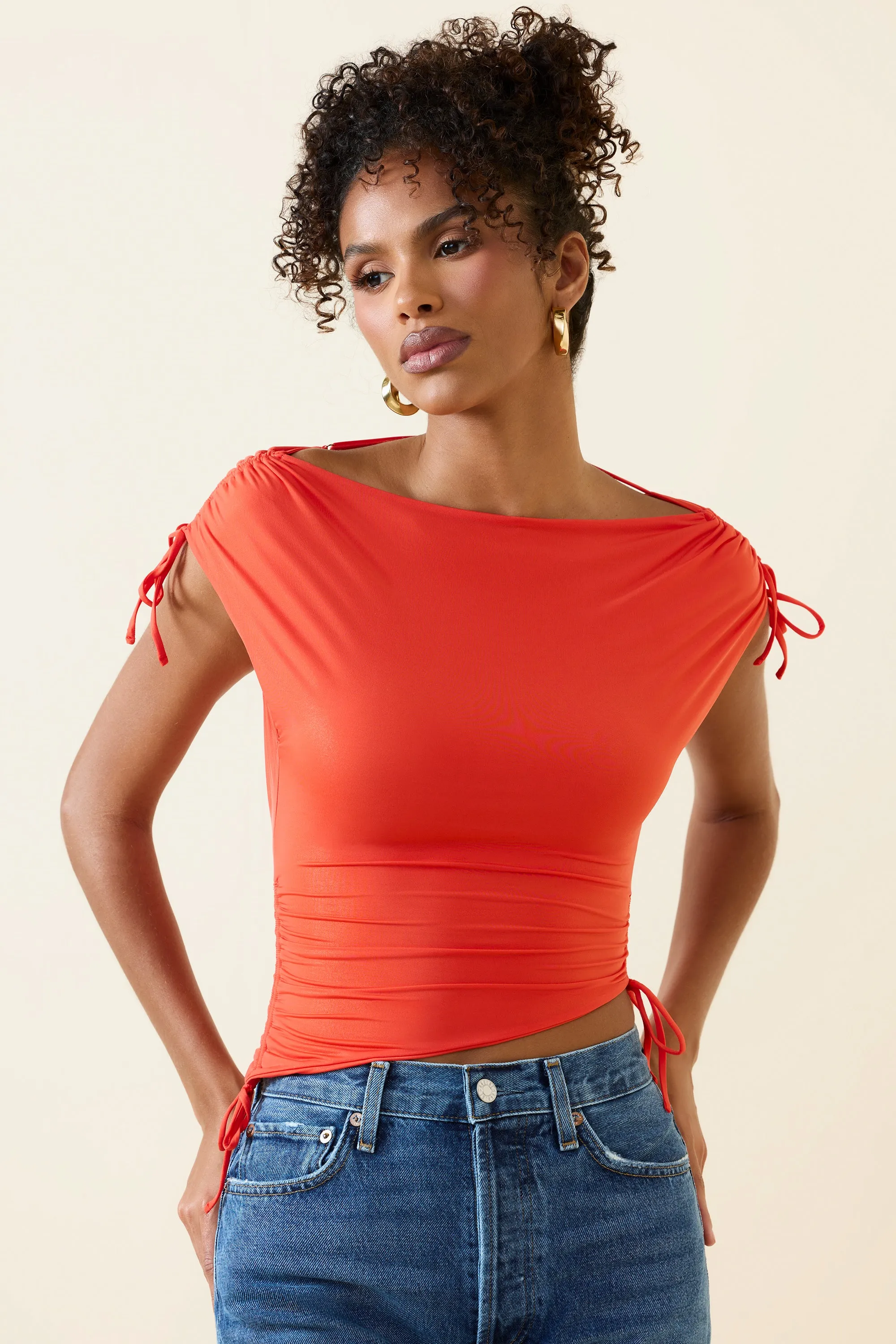 Asymmetric Ruched Cowl-Back Crop Top in Scarlet sold by Oh Polly