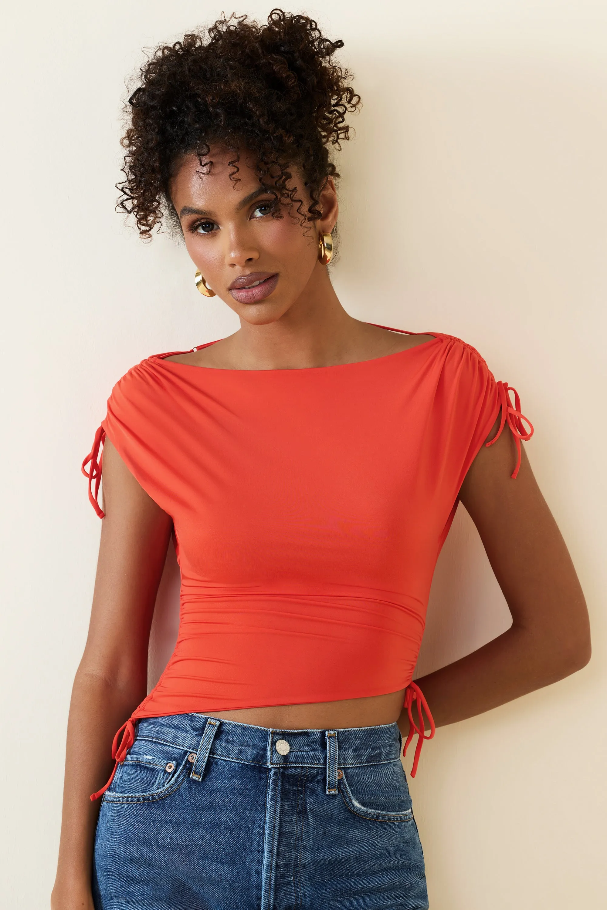 Asymmetric Ruched Cowl-Back Crop Top in Scarlet sold by Oh Polly product image thumbnail 4