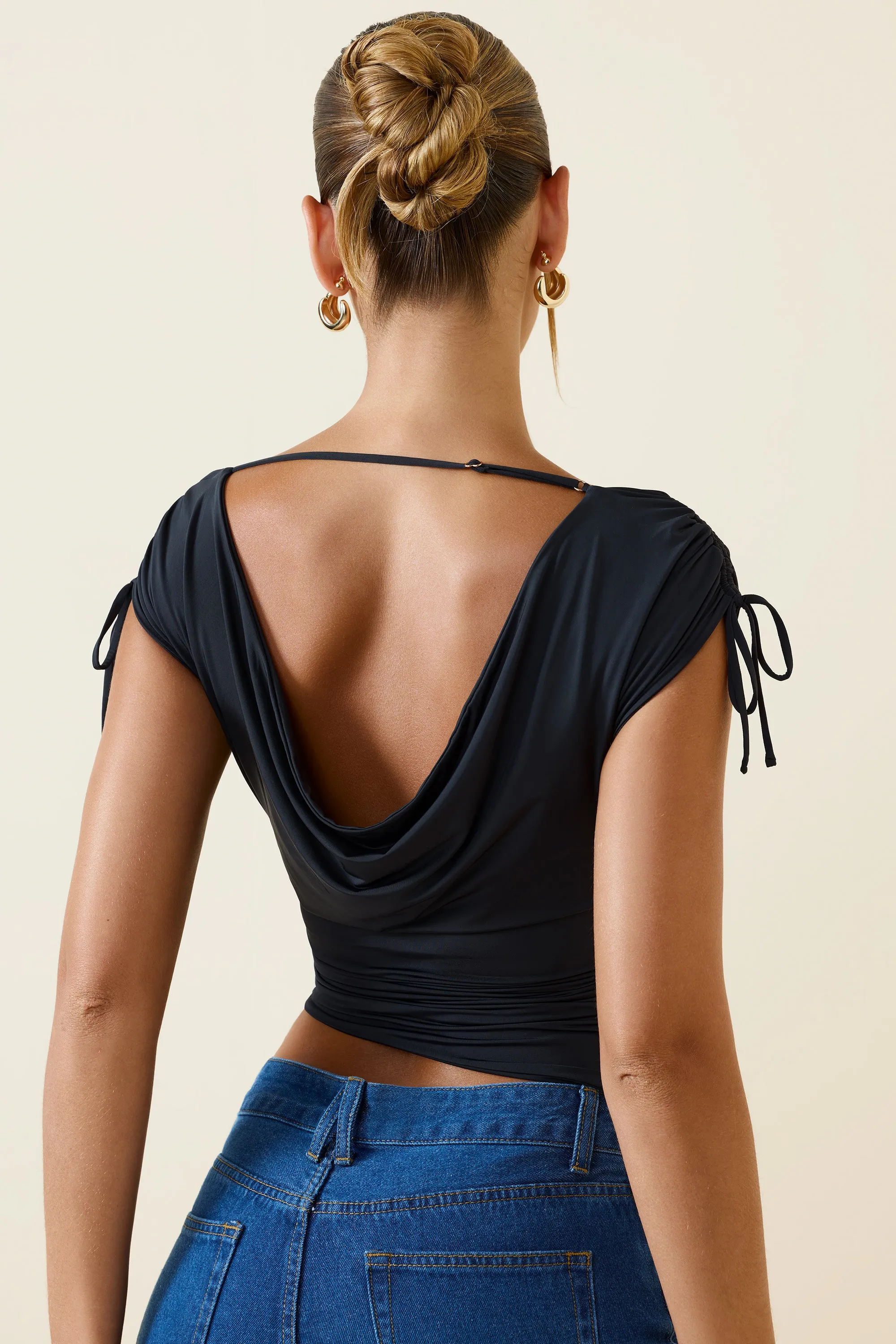 Asymmetric Ruched Cowl-Back Crop Top in Black sold by Oh Polly product image thumbnail 2