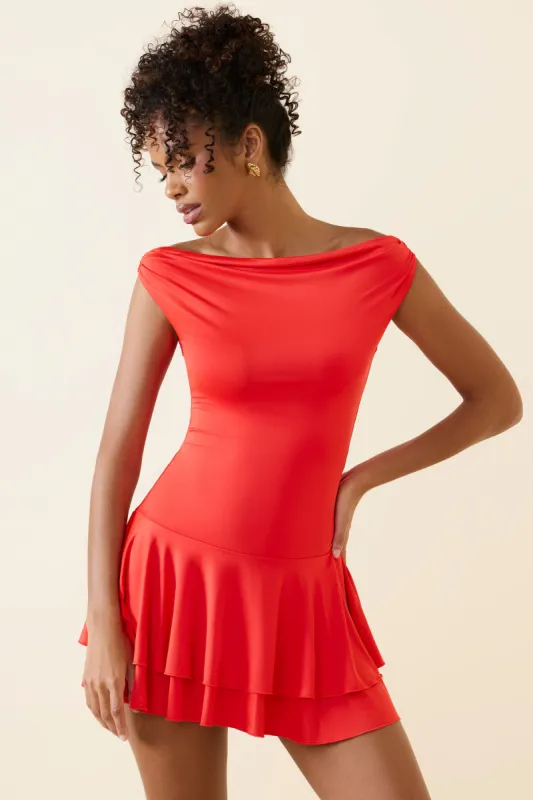 Off-Shoulder Ruffled Mini Dress in Scarlet sold by Oh Polly
