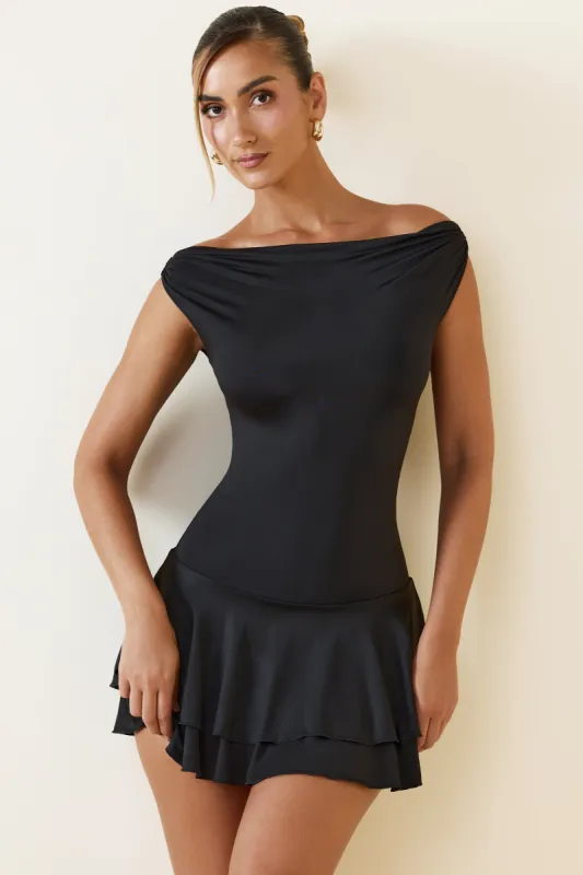 Off-Shoulder Ruffled Mini Dress in Black sold by Oh Polly