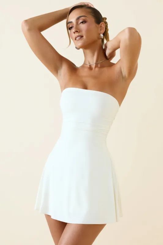 Bandeau Ruched A-Line Mini Dress in Vanilla sold by Oh Polly