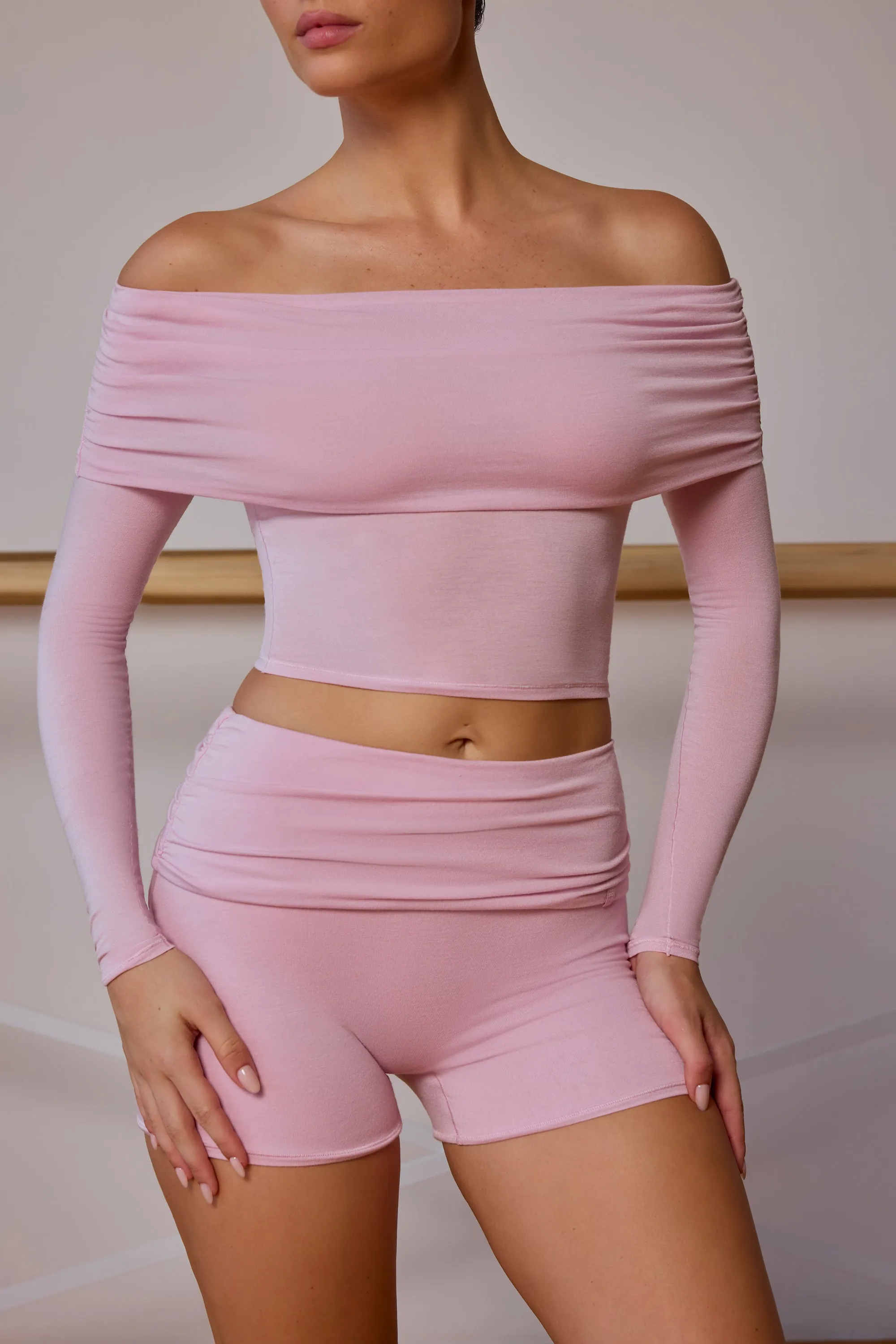 Sheer Off-Shoulder Long-Sleeve Top in Soft Pink sold by Oh Polly product image thumbnail 4