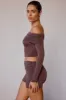 Sheer Off-Shoulder Long-Sleeve Top in Taupe Brown sold by Oh Polly