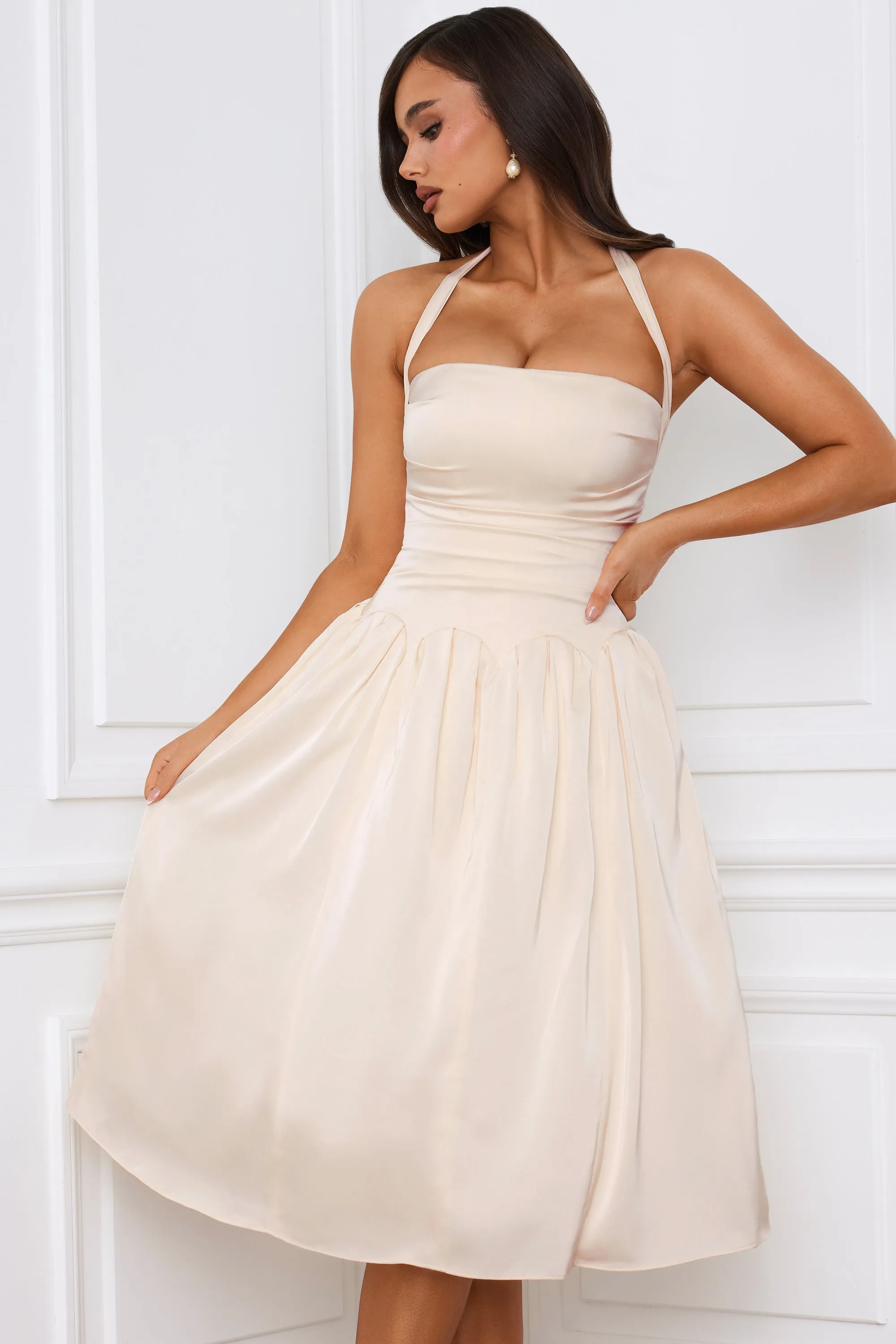 Halterneck Lace-Up Ruched Corset Midi Dress in Ivory sold by Oh Polly