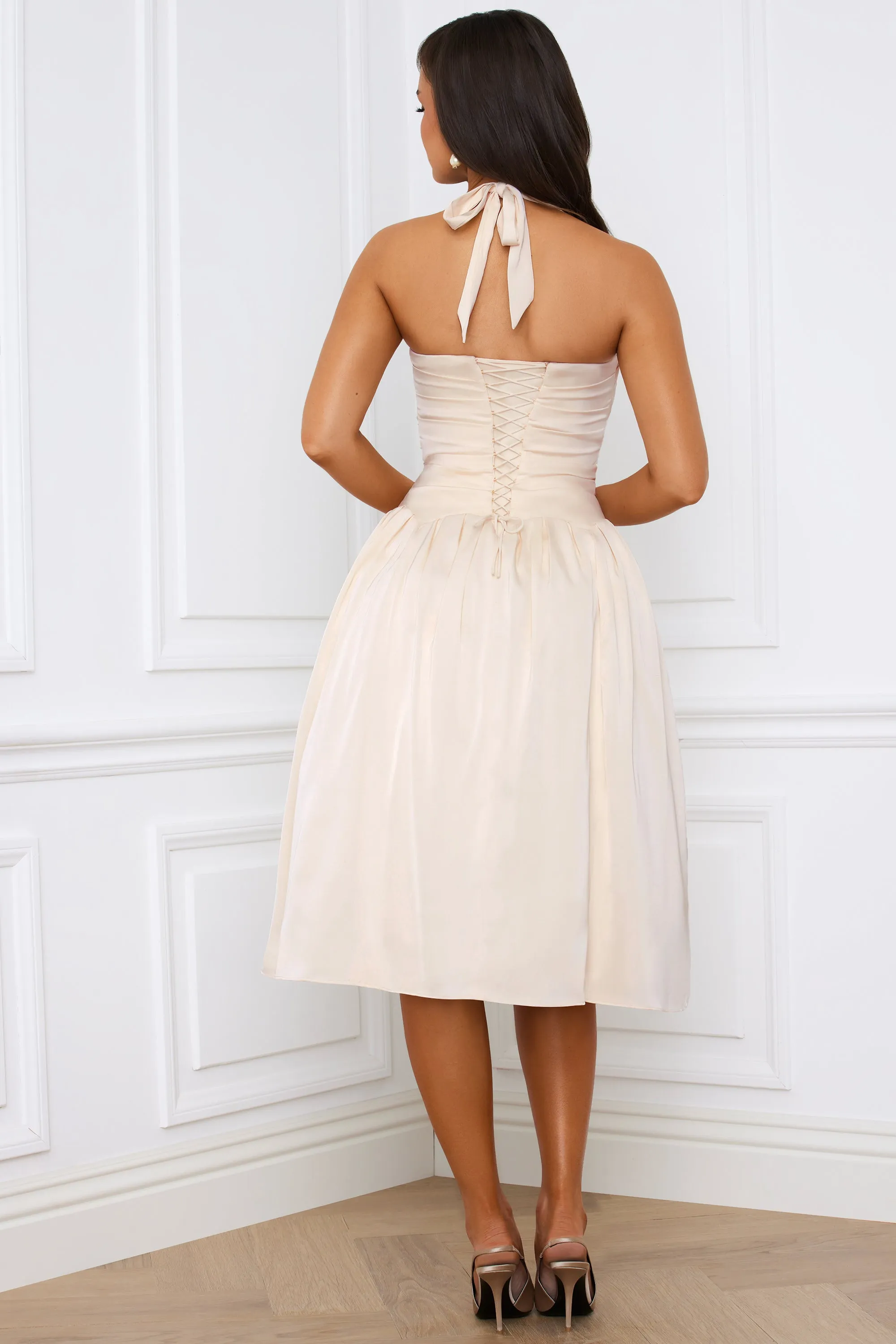 Halterneck Lace-Up Ruched Corset Midi Dress in Ivory sold by Oh Polly product image thumbnail 3
