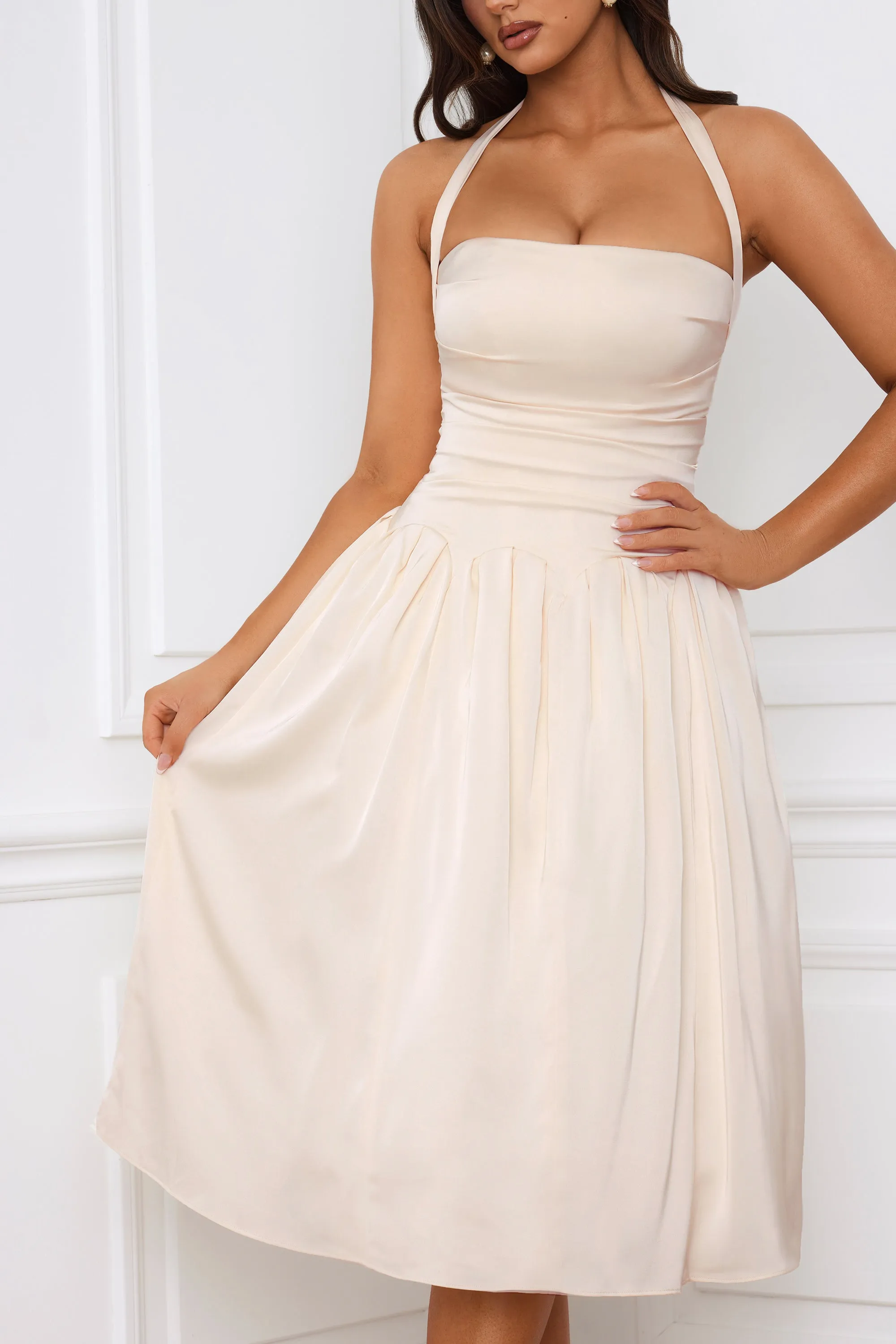 Halterneck Lace-Up Ruched Corset Midi Dress in Ivory sold by Oh Polly product image thumbnail 5