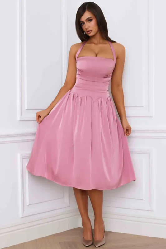 Halterneck Lace-Up Ruched Corset Midi Dress in Mauve sold by Oh Polly