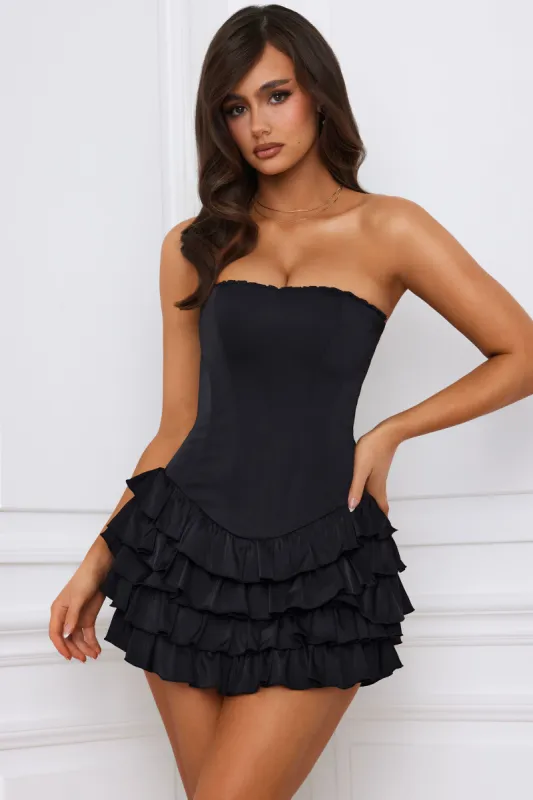 Bandeau Ruffled Tiered Corset Mini Dress in Black sold by Oh Polly