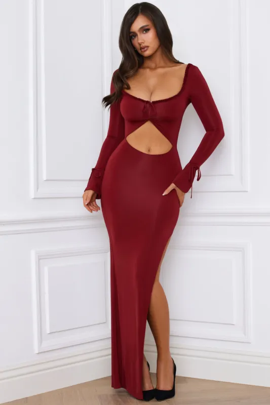 Ruffle-Trim Cut-Out Maxi Dress in Berry Red sold by Oh Polly