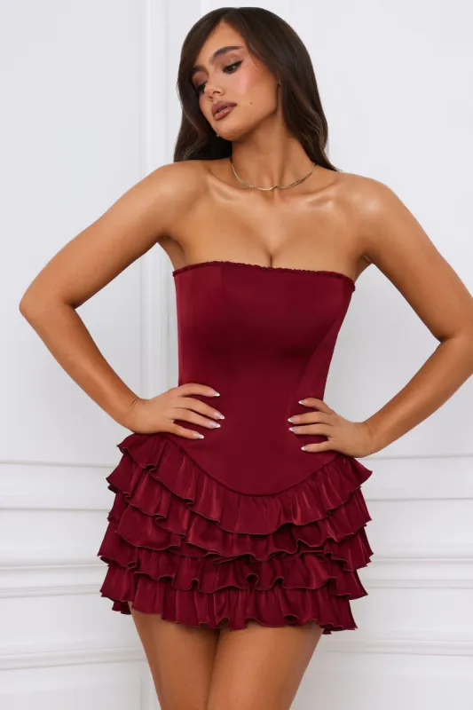 Bandeau Ruffled Tiered Corset Mini Dress in Berry Red sold by Oh Polly