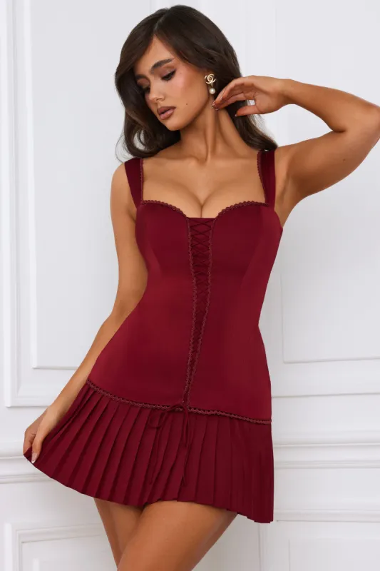 Bow-Detail Lace-Up Corset Mini Dress in Berry Red sold by Oh Polly