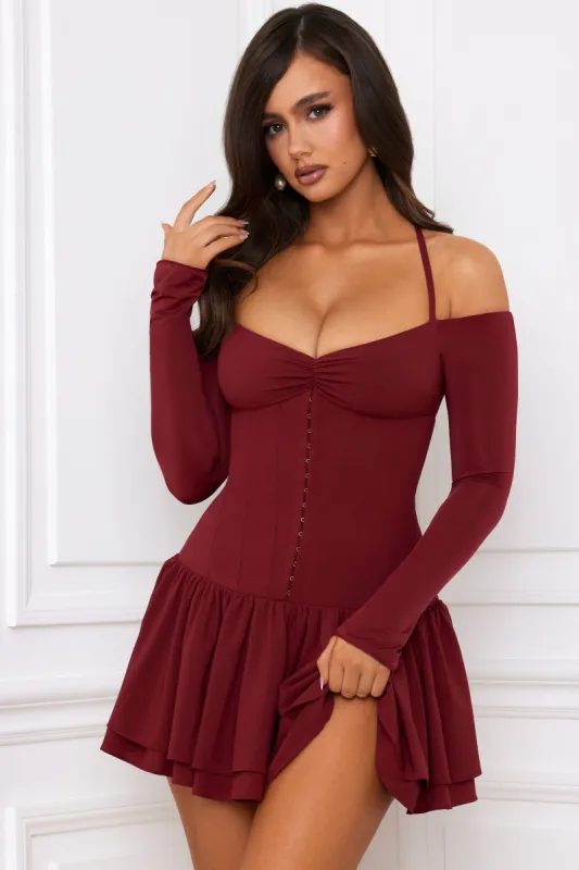Off-Shoulder Tiered Corset Mini Dress in Berry Red sold by Oh Polly