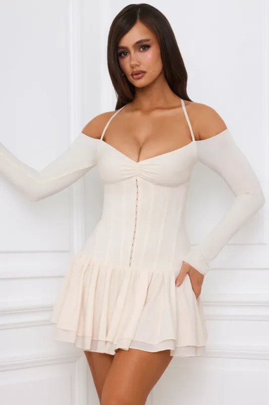 Off-Shoulder Tiered Corset Mini Dress in Ivory sold by Oh Polly