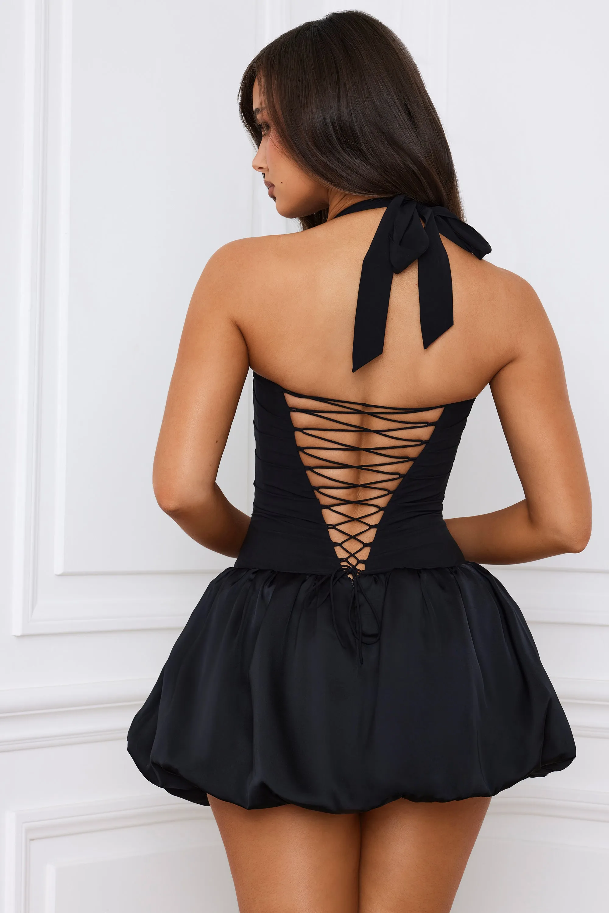 Halterneck Lace-Up Bubble Hem Corset Micro Mini Dress in Black sold by Oh Polly product image thumbnail 2