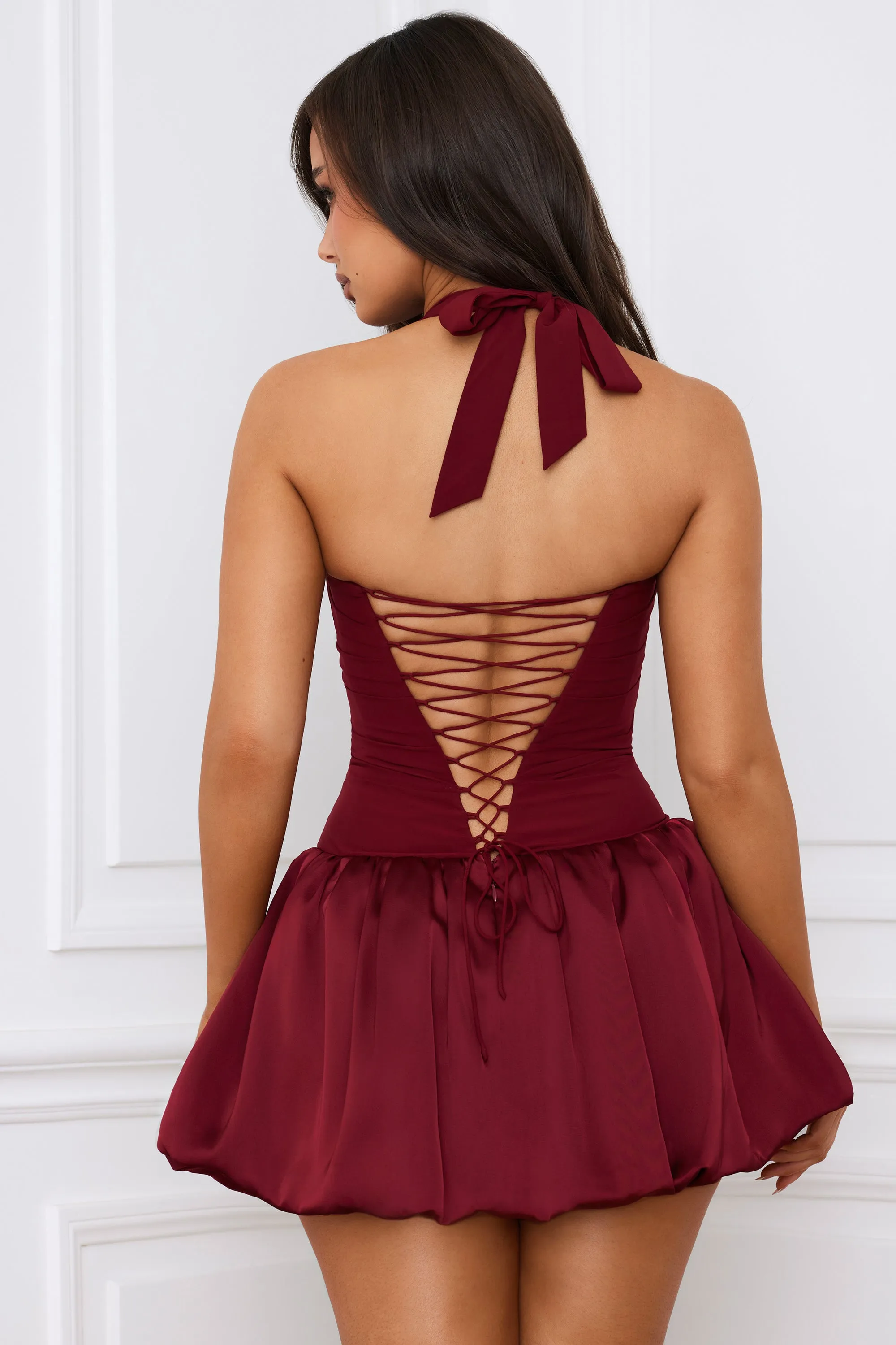 Halterneck Lace-Up Bubble Hem Corset Micro Mini Dress in Berry Red sold by Oh Polly product image thumbnail 3